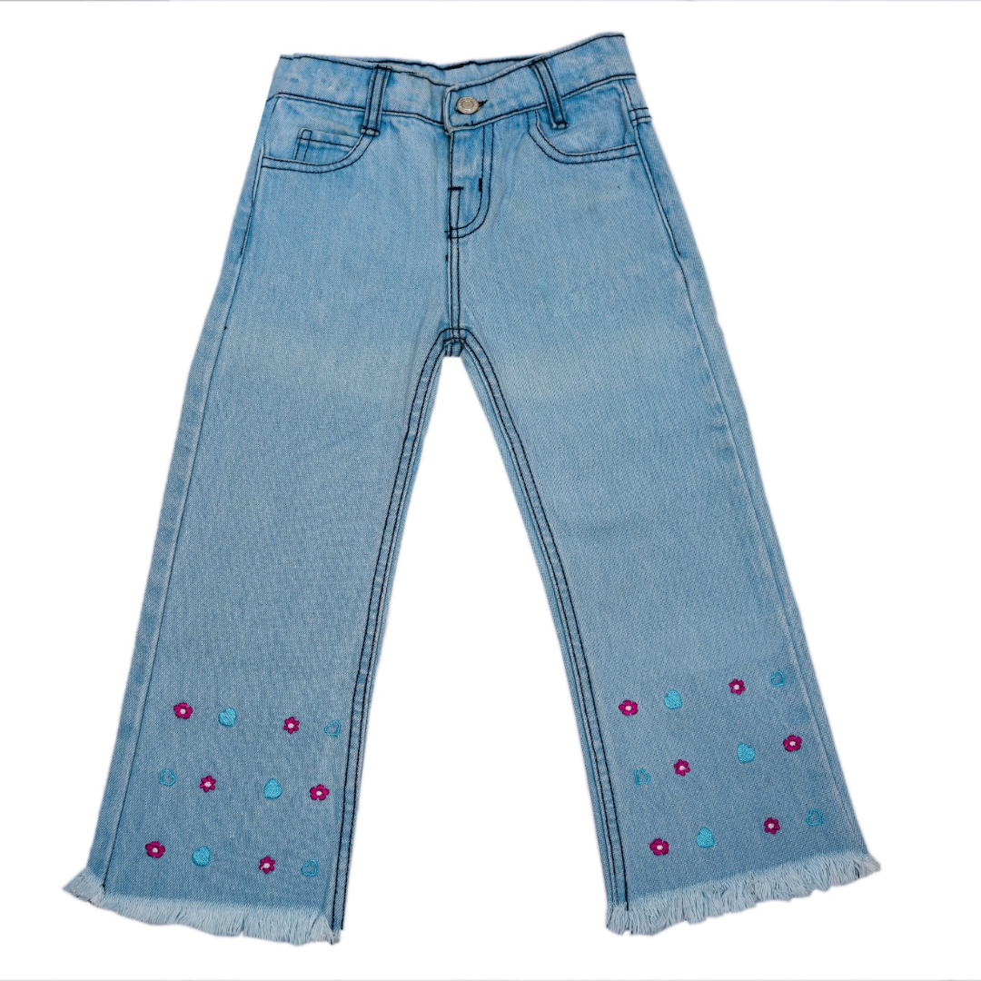 Light blue jeans with colorful embellishments on a white  Sky Blue Bell Bottoms for Girls | SHAH ROBEbackground